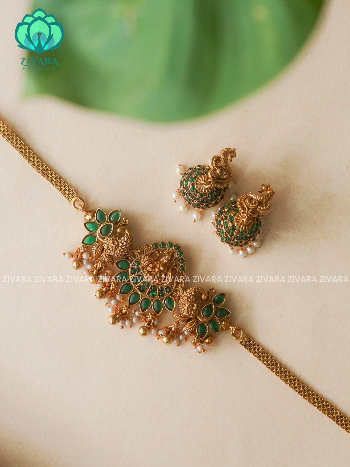 Green- Trending temple peacock choker with earrings-latest south indian jewellery