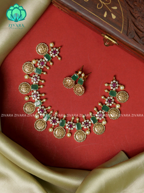 GREEN RAM PARIVAR TEMPLE COIN  -Traditional south indian premium neckwear with earrings- Zivara Fashion- latest jewellery design.