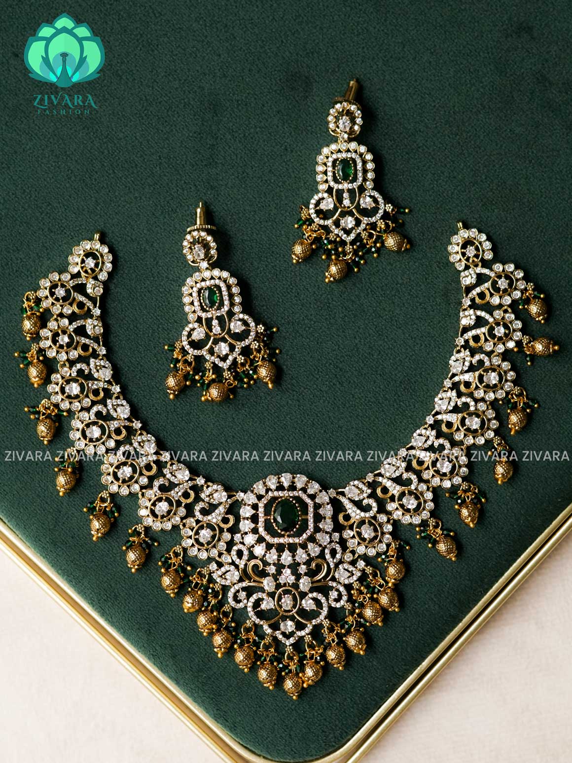 AKSHAYAM - GREEN BEADS HEAVY  BRIDAL HASLI -Traditional south indian premium neckwear with earrings- Zivara Fashion- latest jewellery design.