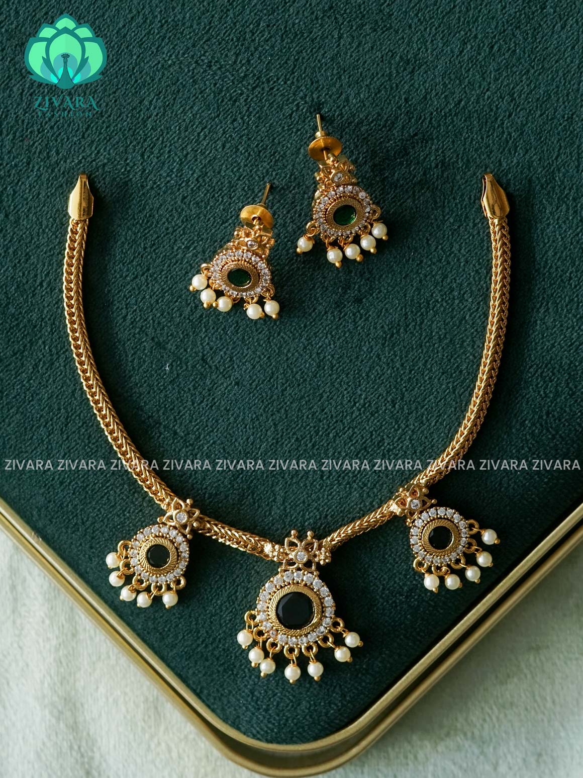 BHANU SERIES- GREEN STONE SIMPLE KIDS FRIENDLY FLEXIBLE CHAIN  - Traditional south indian premium neckwear - Zivara Fashion- latest jewellery design