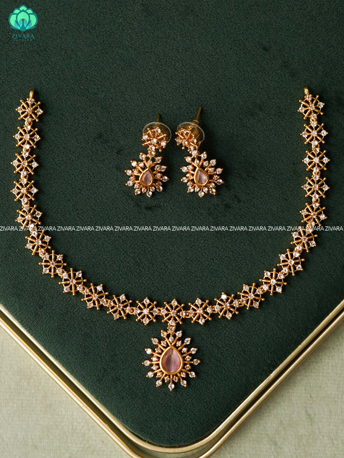 PASTEL PINK - STAR MOTIF FREE  -PREMIUM SUBTLE GOLD FINISH  stylish and minimal elegant neckwear with earrings- Zivara Fashion