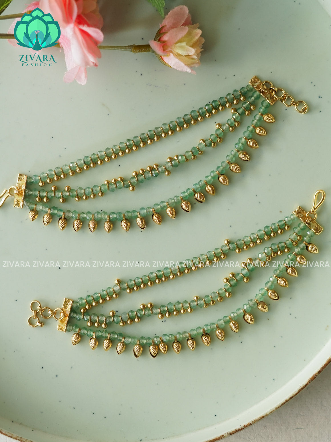 3 layer bridal pastel green beads  earchains/maatals- bridal accessory- zivara fashion-latest jewellery collection