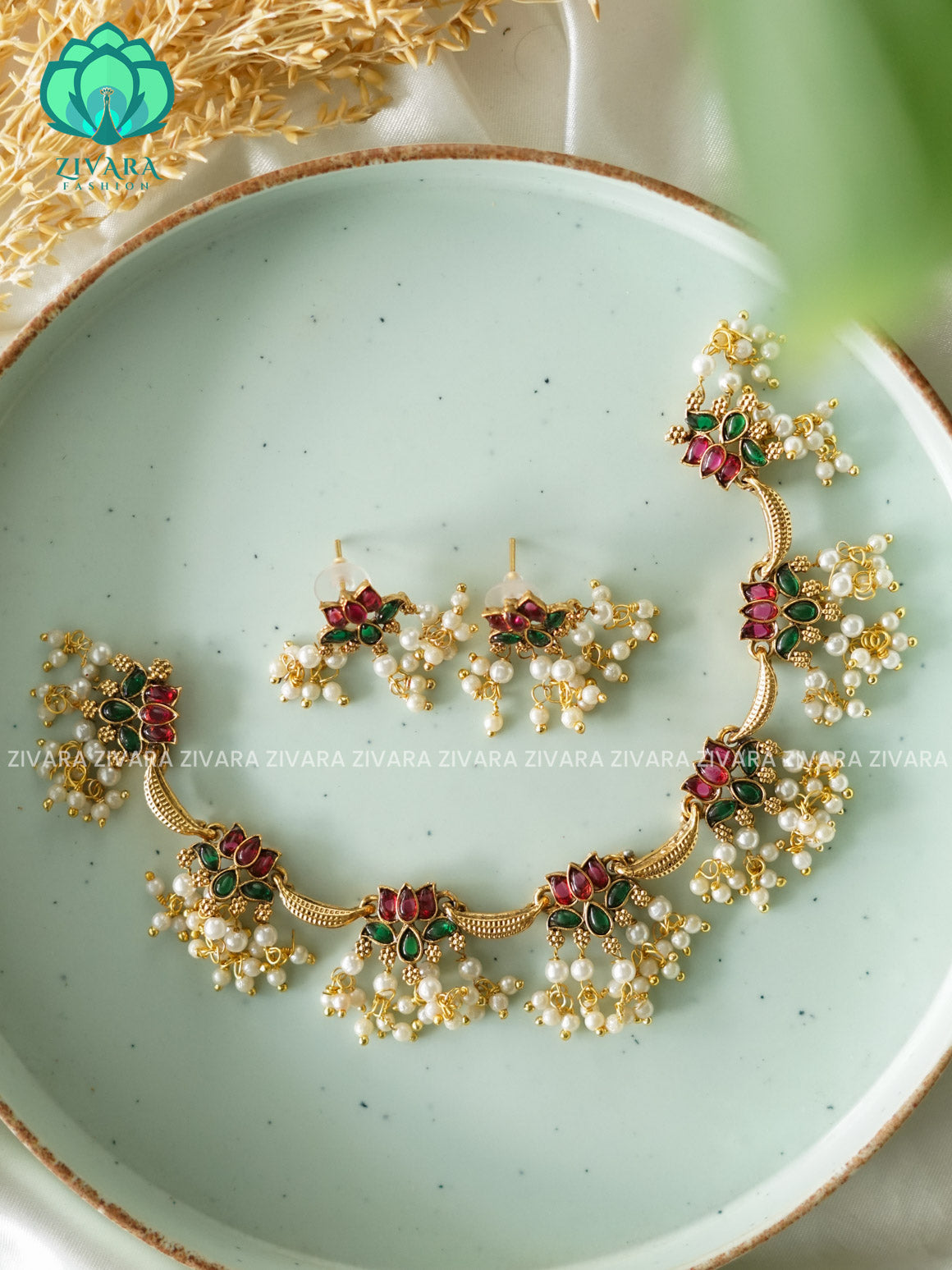 Trending NORMAL MATTE lotus enamel neckwear with earrings- Zivara Fashion- latest jewellery design