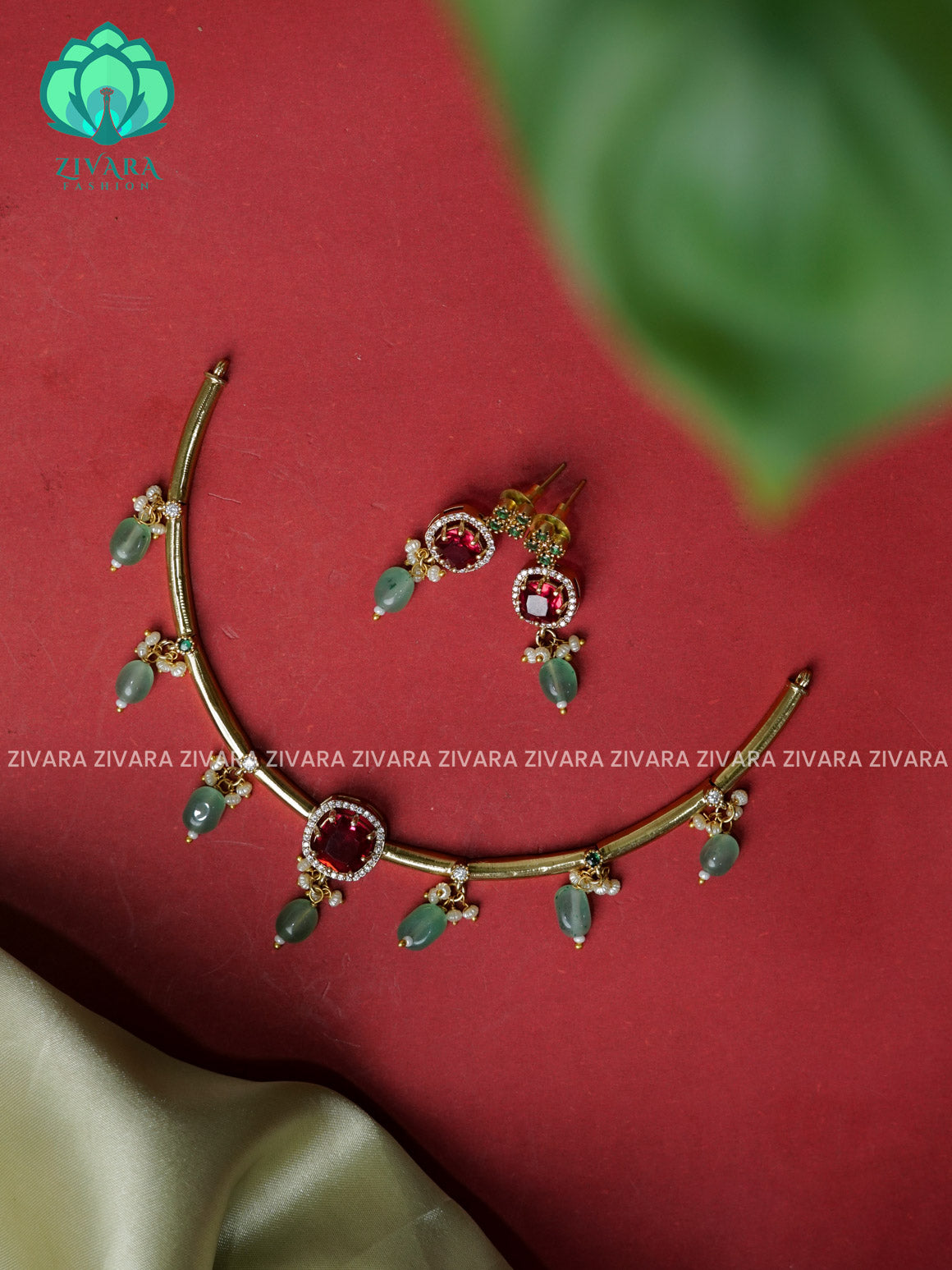 Pastel green  - Simple beads hanging Traditional south indian premium neckwear with earrings- Zivara Fashion- latest jewellery design