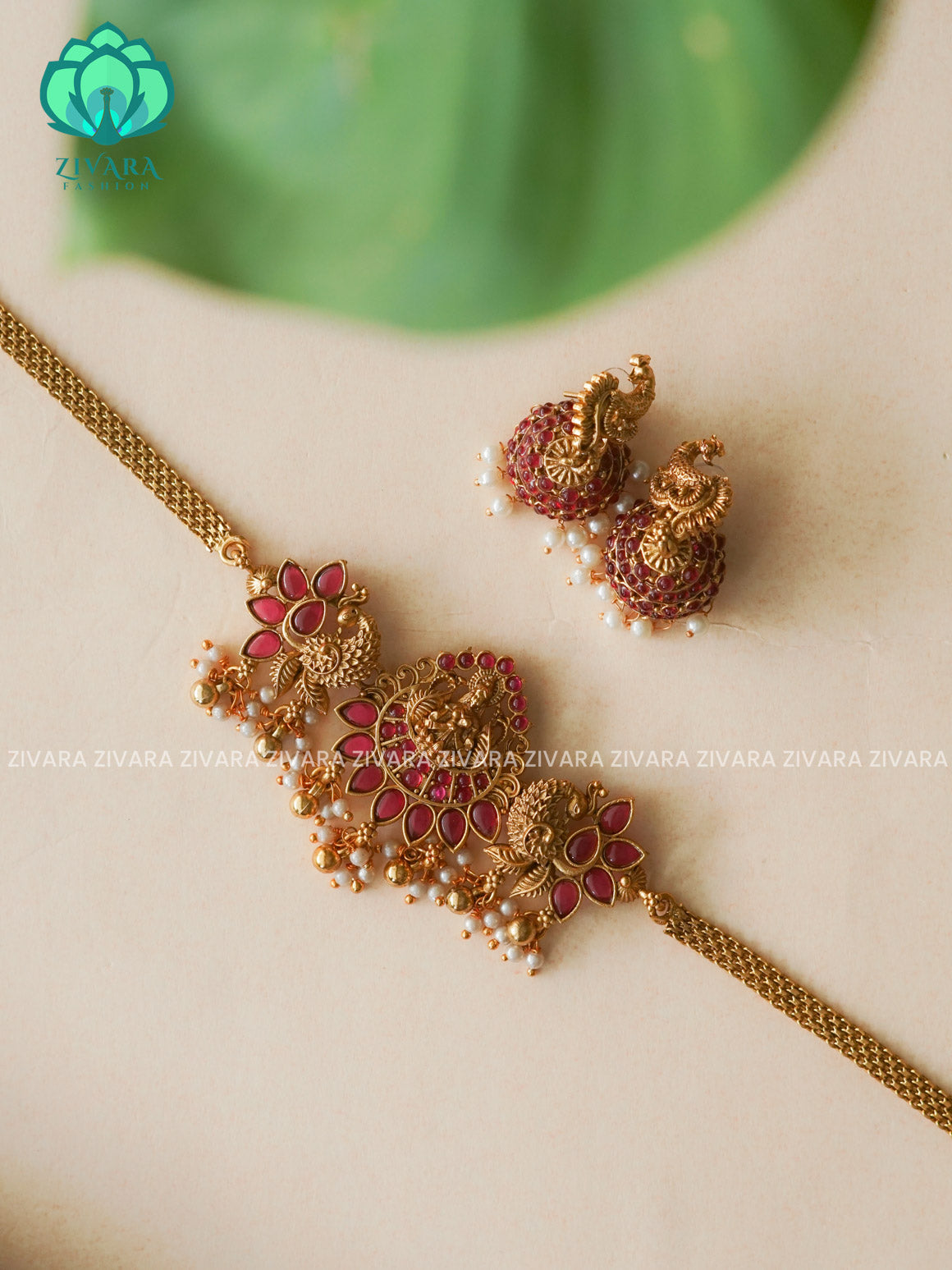 Ruby - Trending temple peacock choker with earrings-latest south indian jewellery