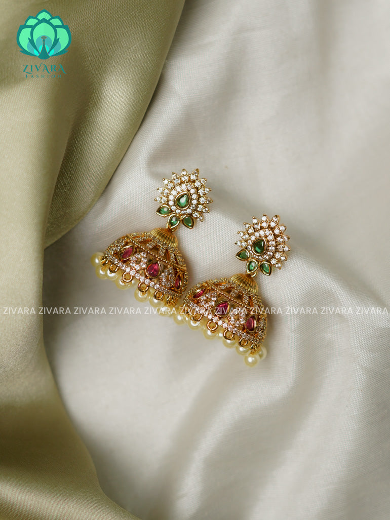 Green Ad stone  Medium sized - TRADITIONAL PREMIUM MATTE  polish JHUMKA- latest jewellery collection- zivara fashion