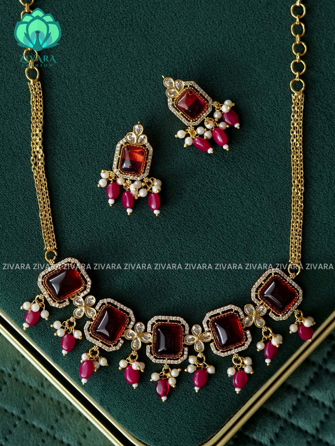 RUBY-Bridal Square stone Victorian polish finish choker with earrings  - Premium quality CZ Matte collection-south indian jewellery
