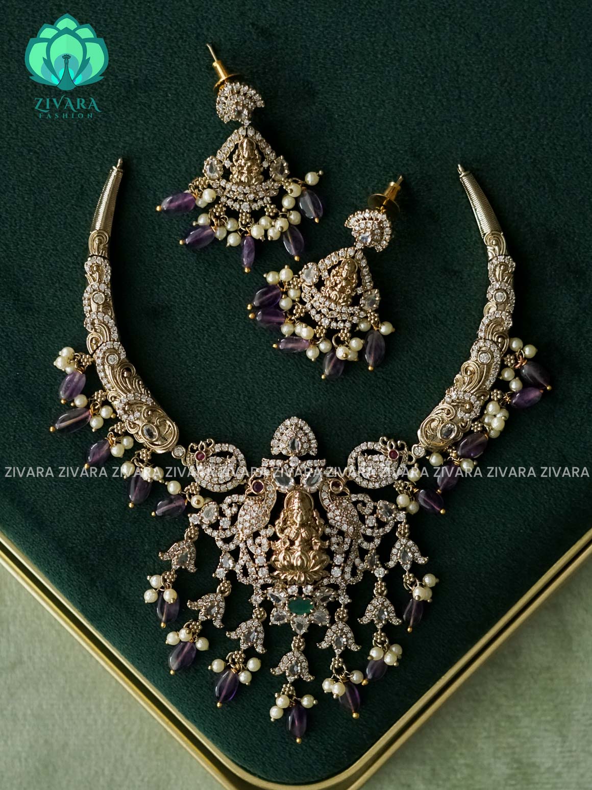 TEMPLE WHITE STONE HASLI VICTORIAN POLISH WITH PURPLE BEADS HANGINGS - Zivara Fashion- latest jewellery desigN