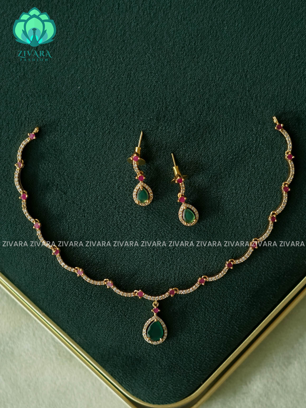 GREEN TEAR WHITE STONE-GLAMOUROUS - stylish and minimal elegant neckwear with earrings- Zivara Fashion