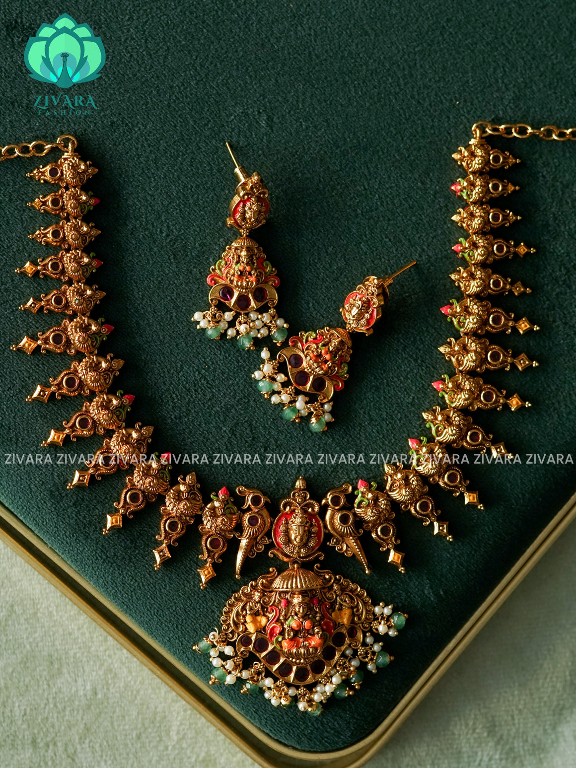 MADHURYA -  LAKSHMI PARROT VINTAGE FINISH  handpainted - Traditional south indian premium neckwear without earrings- Zivara Fashion- latest jewellery design