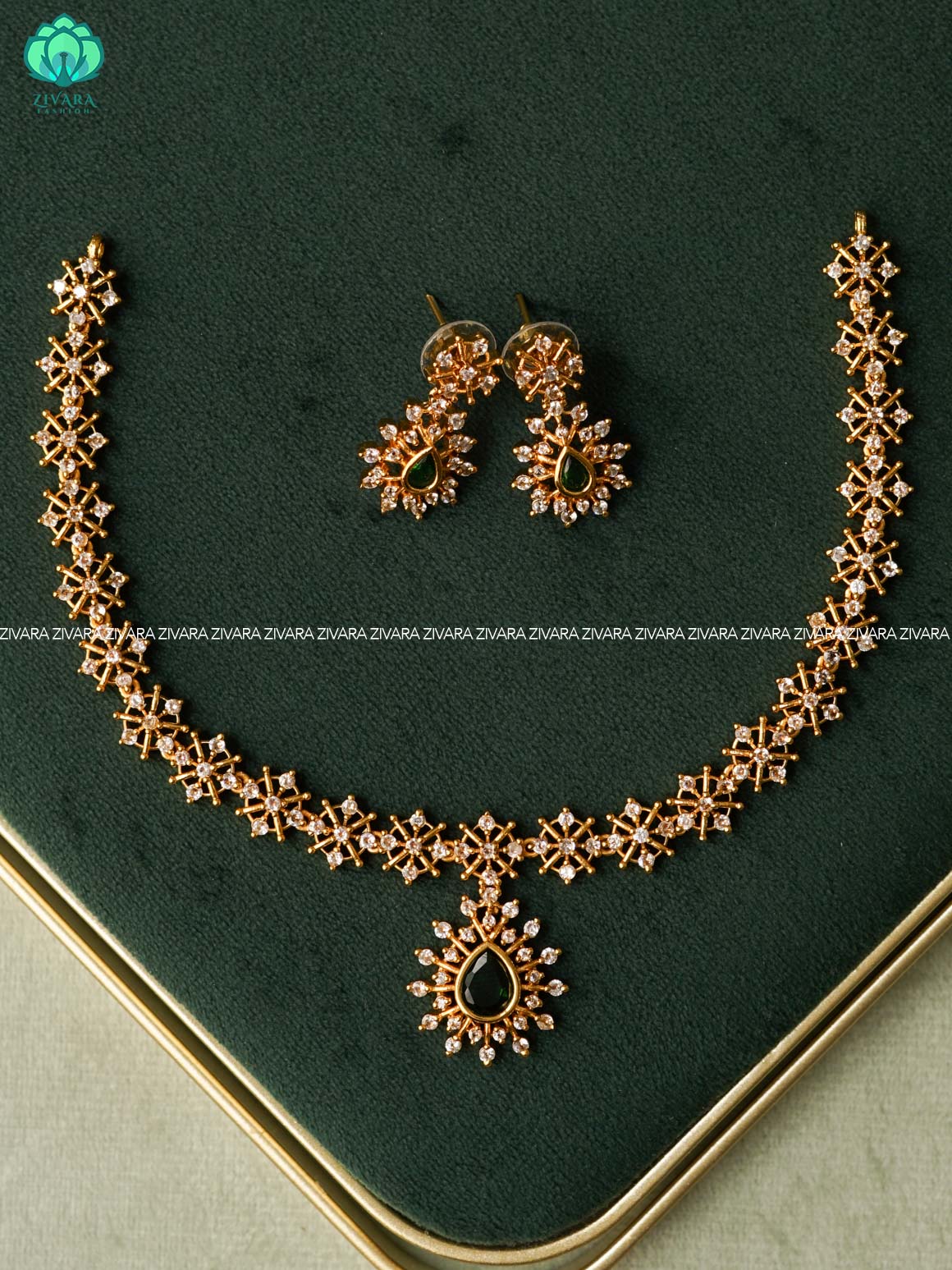 GREEN- STAR MOTIF FREE  -PREMIUM SUBTLE GOLD FINISH  stylish and minimal elegant neckwear with earrings- Zivara Fashion