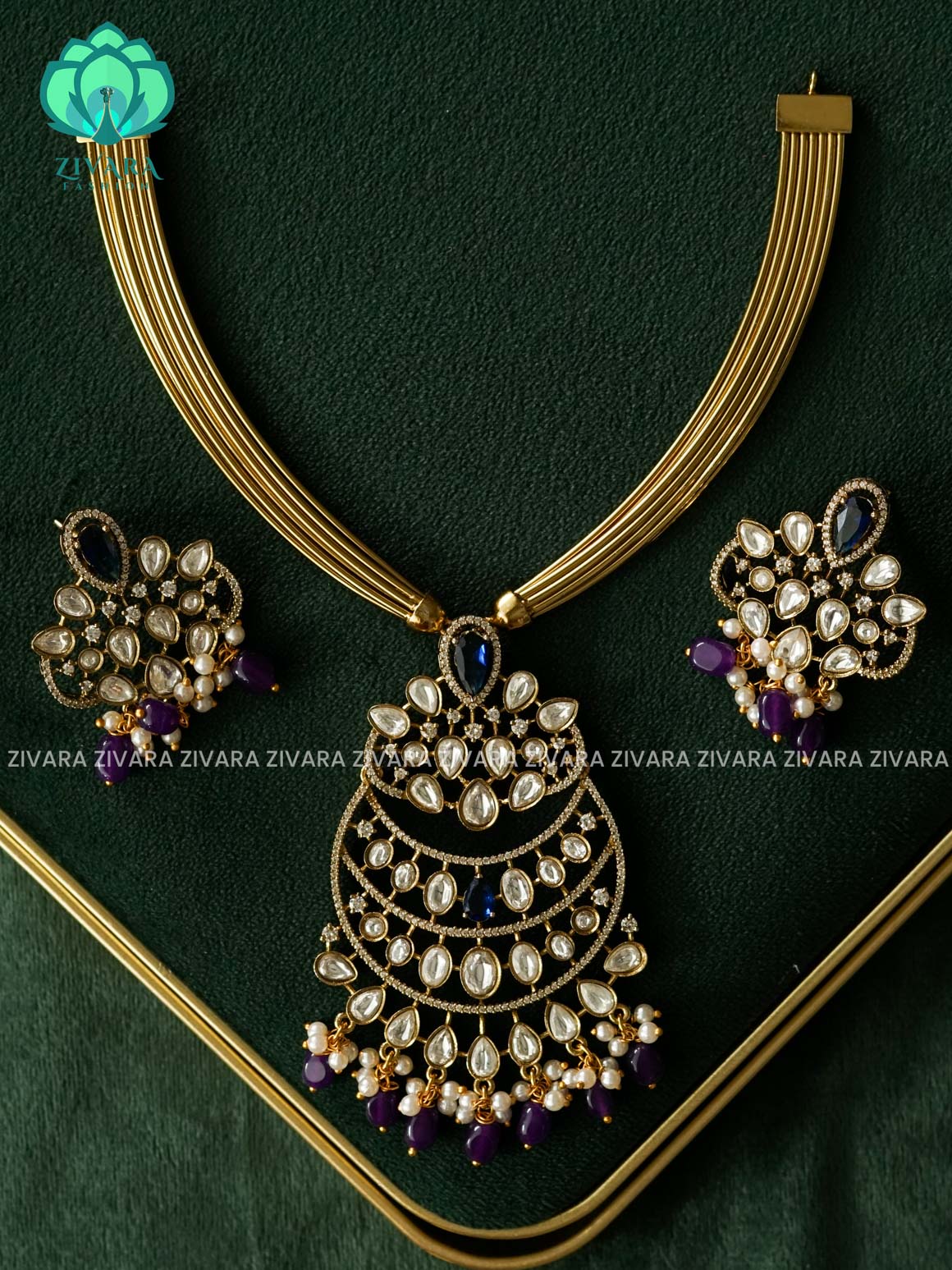AKSHAYAM - PURPLE BLUE  BRIDAL HASLI  - PREMIUM  MATTE FINISH - stylish and minimal elegant neckwear with earrings- Zivara Fashion