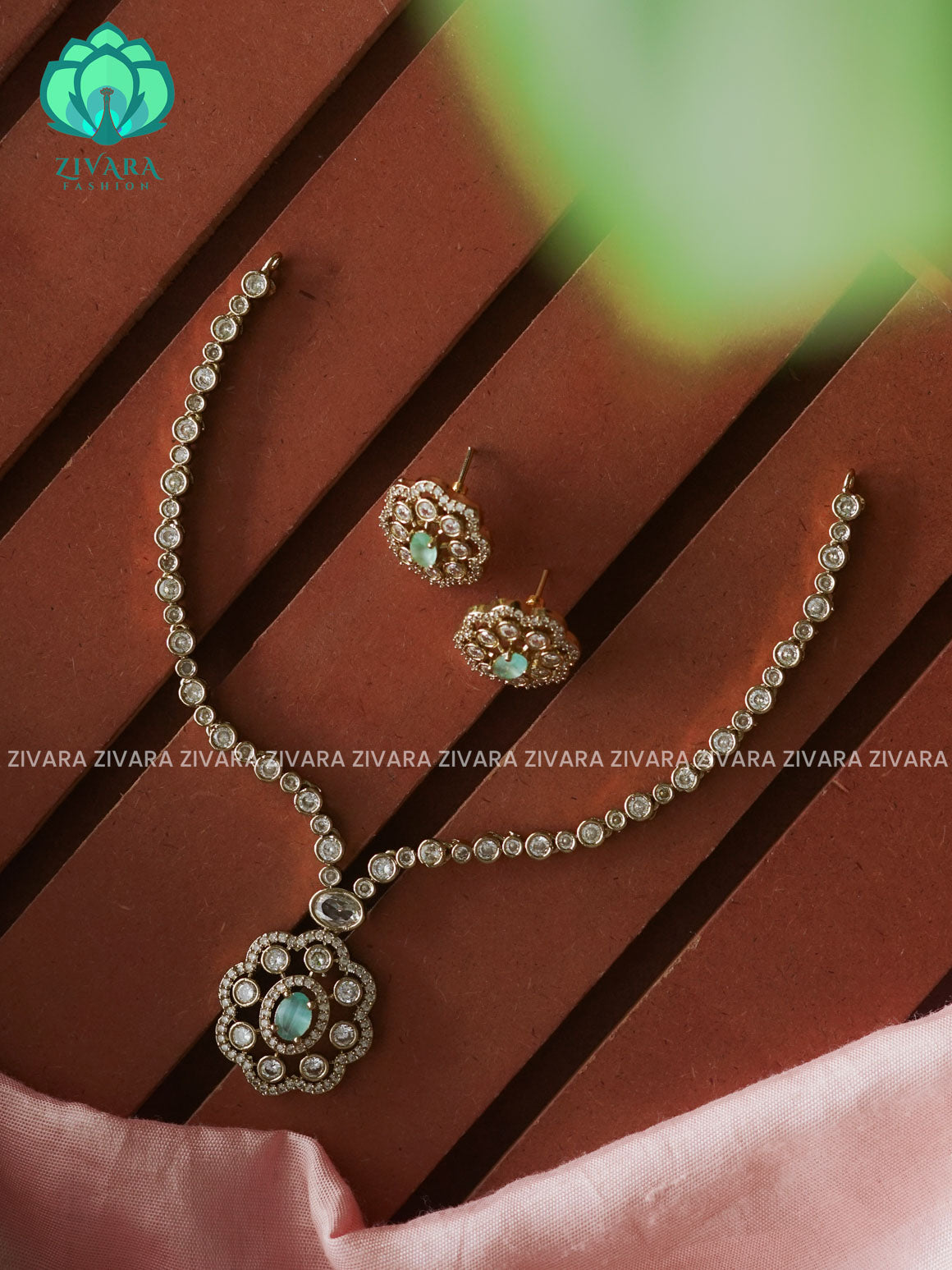 PASTEL GREEN-  HOT SELLING FLOWER PENDANT -SUBTLE GOLD POLISH  stylish and minimal elegant neckwear with earrings- Zivara Fashion