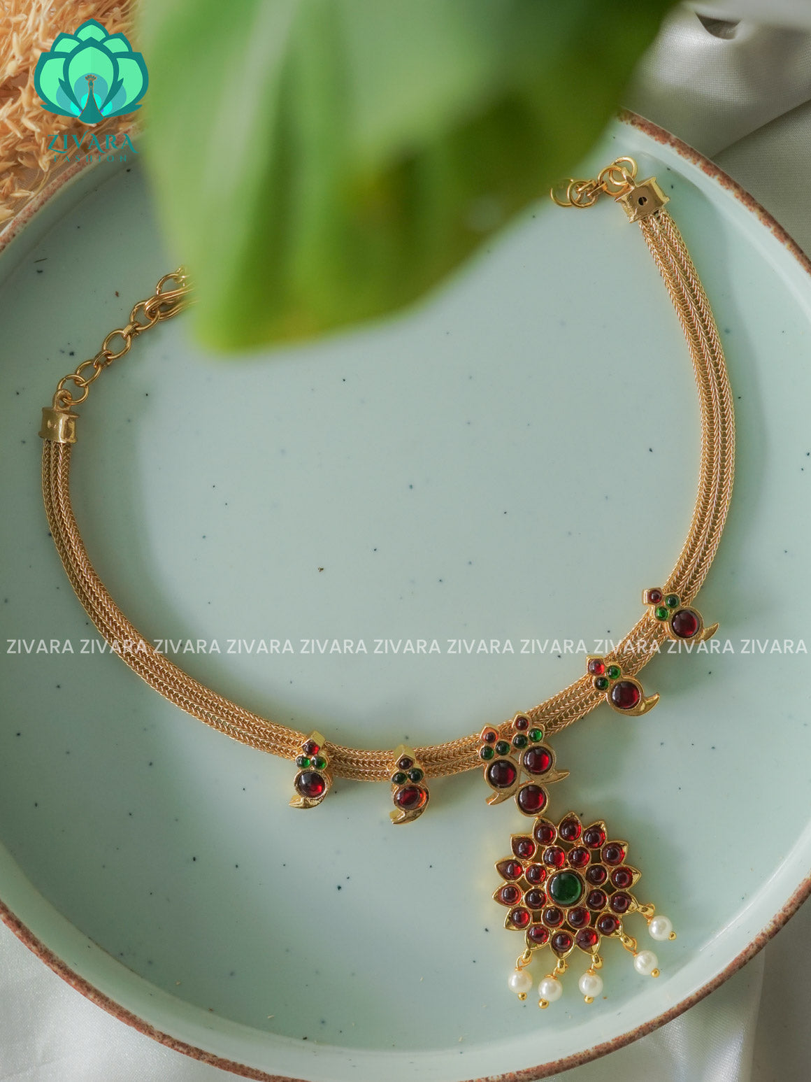 RED AND GREEN-KANDHA  - Simple kemp attigai neckwear - latest kemp dance jewellery collection