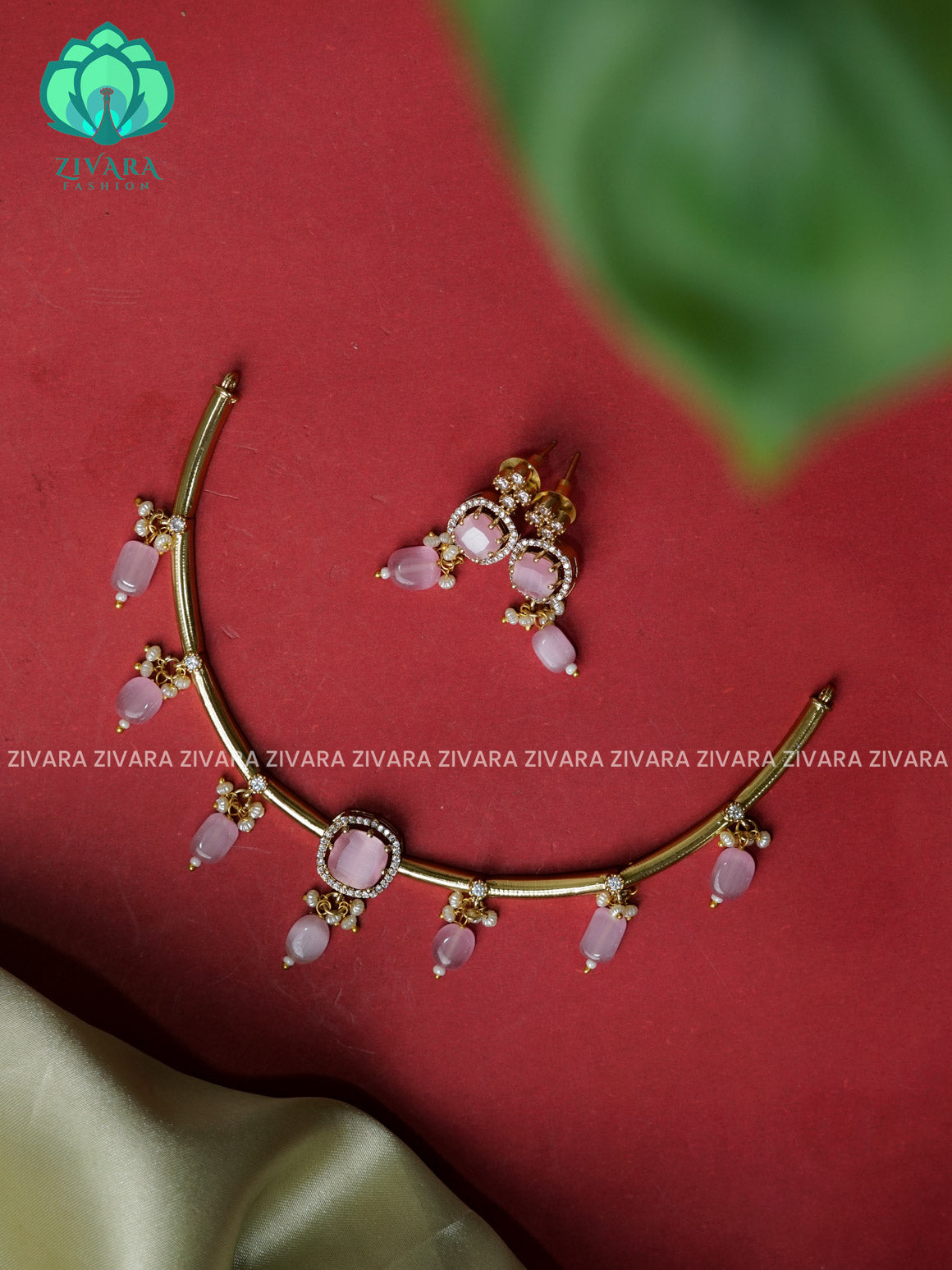 Pastel PINK  - Simple beads hanging Traditional south indian premium neckwear with earrings- Zivara Fashion- latest jewellery design