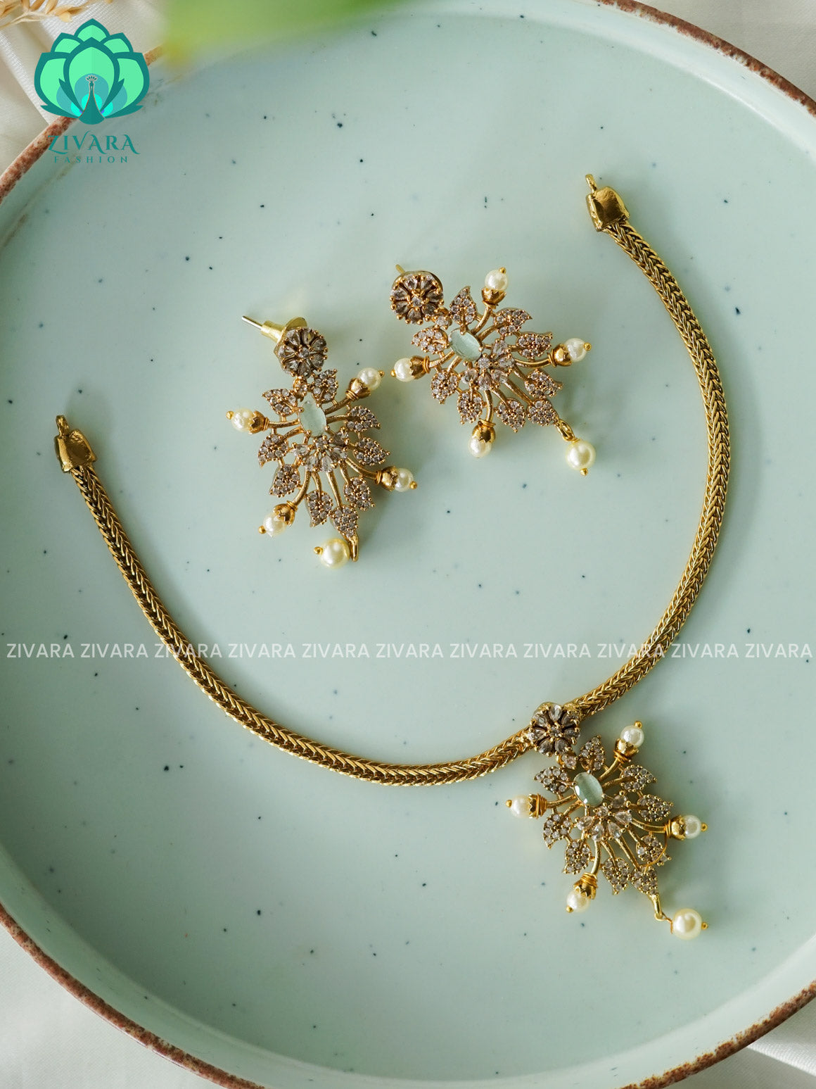PSTEL GREEN KIDS FRIENDLY SMALL SIZE FLEXIBLE CHAIN  - stylish and minimal elegant neckwear with earrings- Zivara FashioN