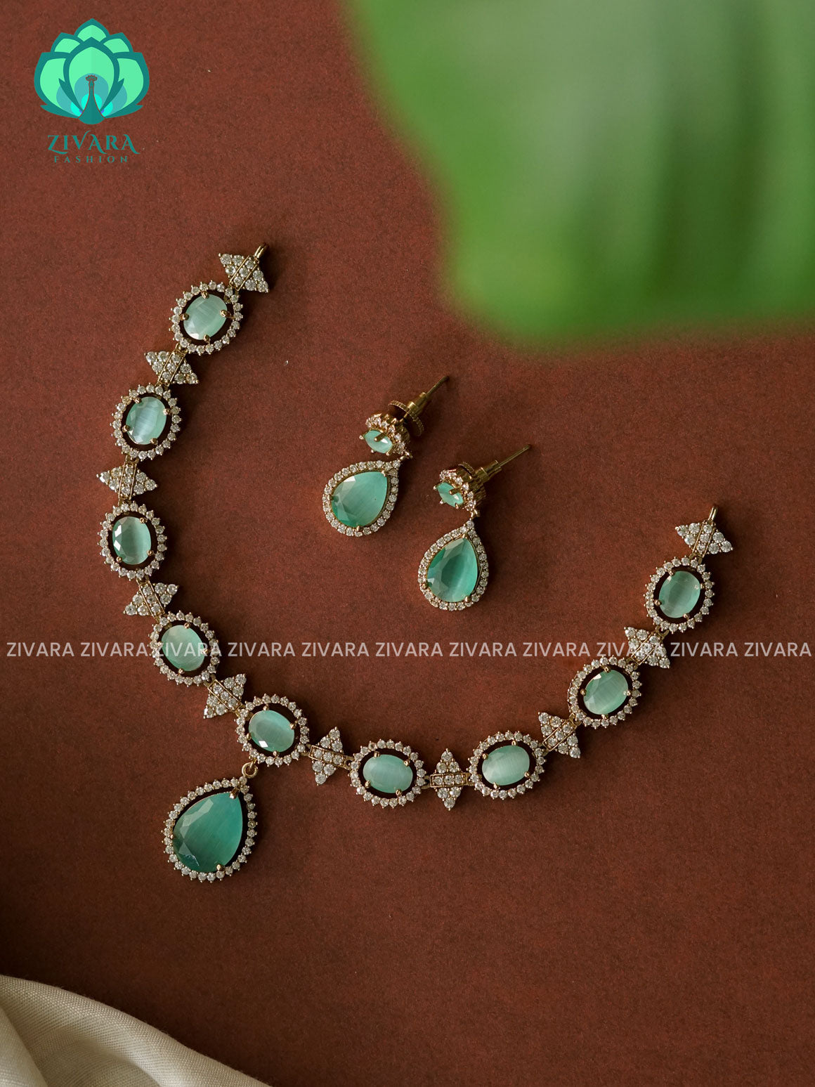 PASTEL GREEN TEAR pendant -Traditional south indian premium neckwear with earrings- Zivara Fashion- latest jewellery design.