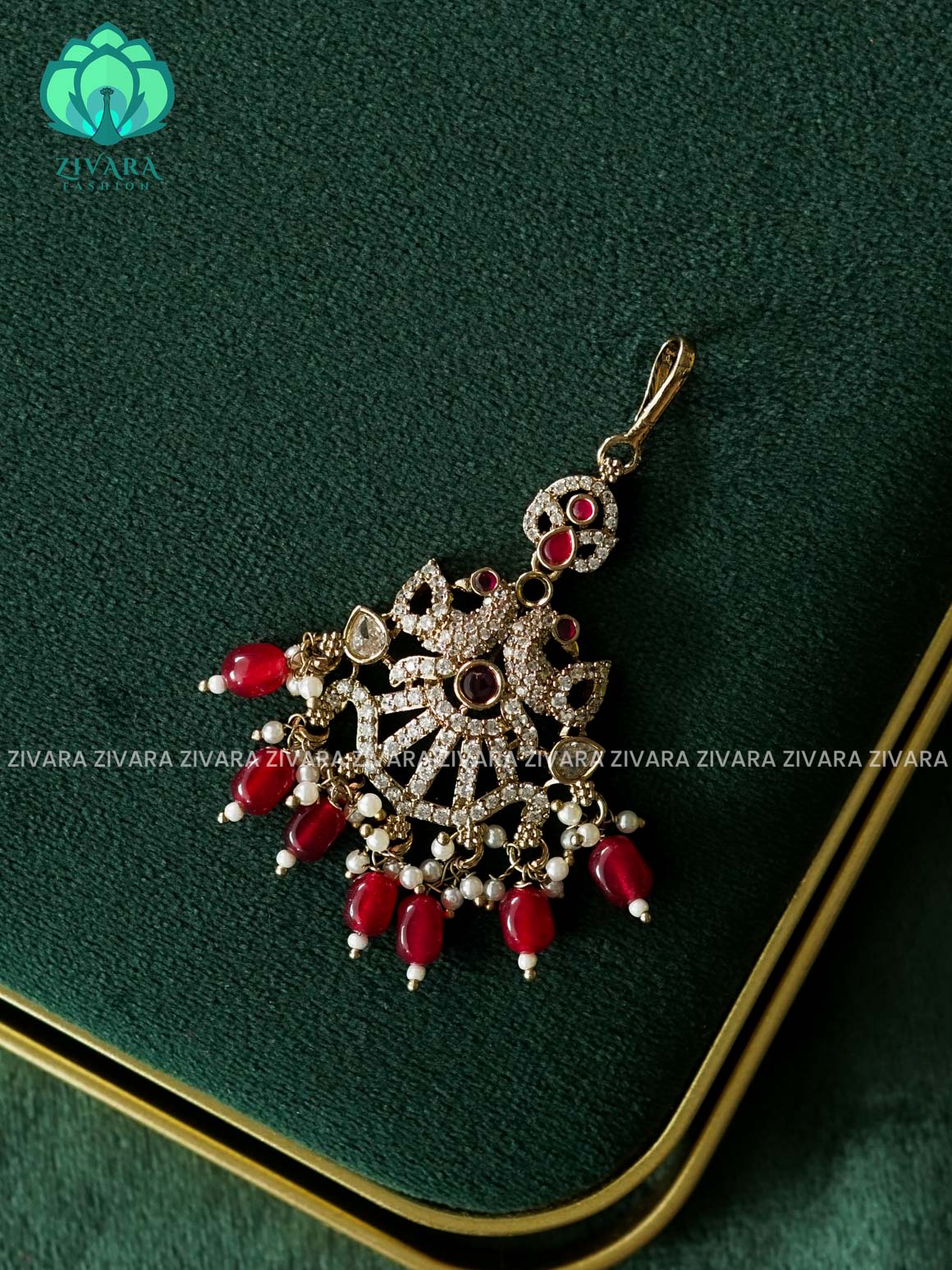PEACOCK MOTIF AD STONE CHUTTI WITH RUBY BEADS HANGINGS - bridal head accessory- latest bridal collection - Zivara fashion