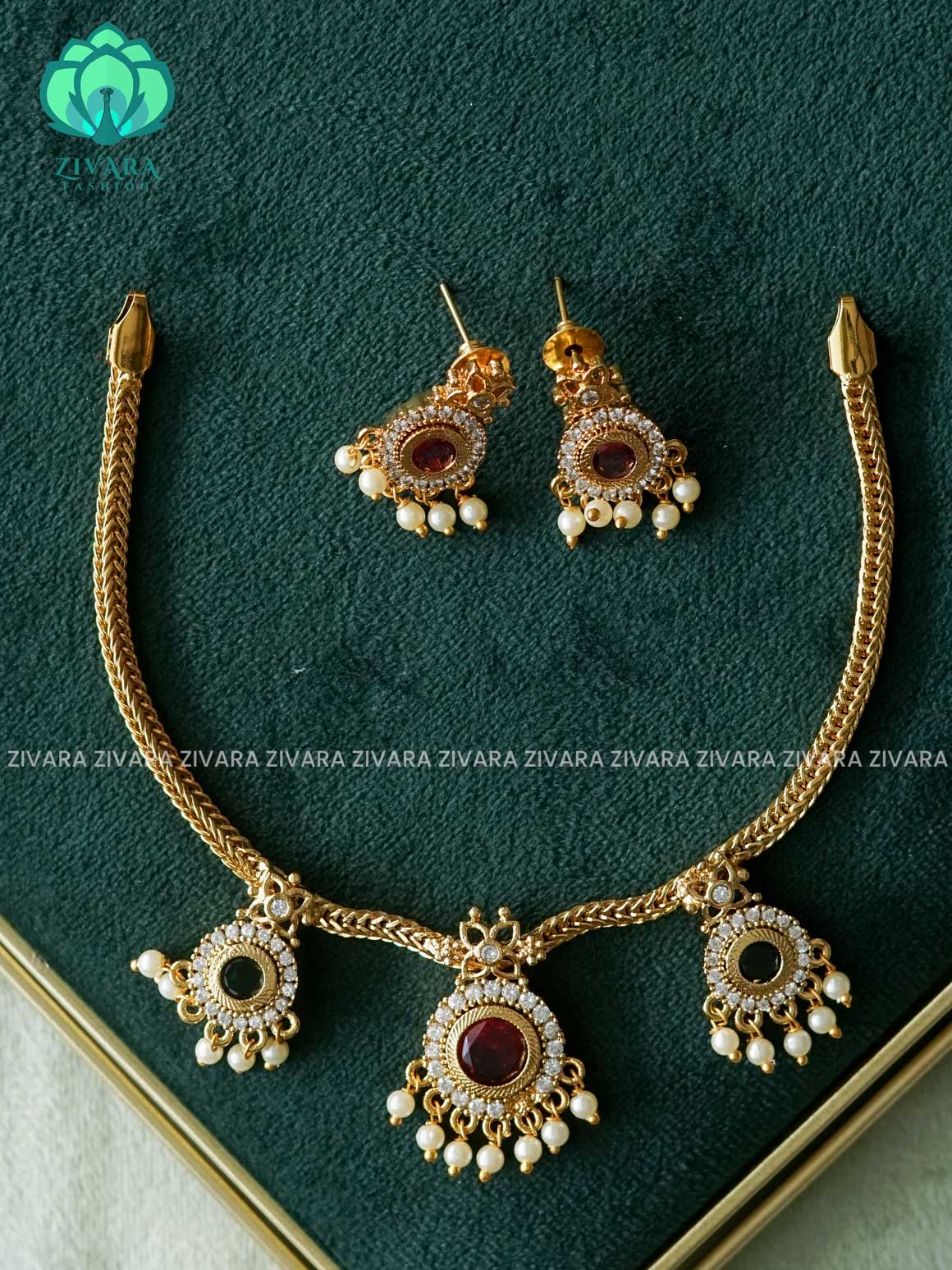 BHANU SERIES- RUBY AND GREEN STONE SIMPLE KIDS FRIENDLY FLEXIBLE CHAIN  - Traditional south indian premium neckwear - Zivara Fashion- latest jewellery design