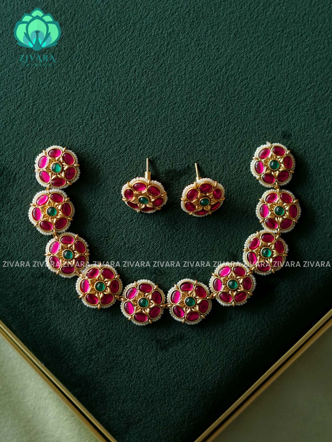 JADAU FLOWER MOTIF-Traditional south indian premium neckwear with earrings- Zivara Fashion- latest jewellery design