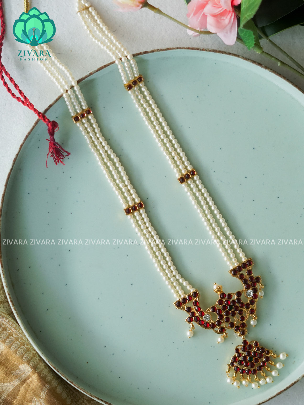 RED AND GREEN- RUKMANI- MOTIF HAARAM HANDMADE LONG NECKWEAR- latest kemp dance jewellery collection