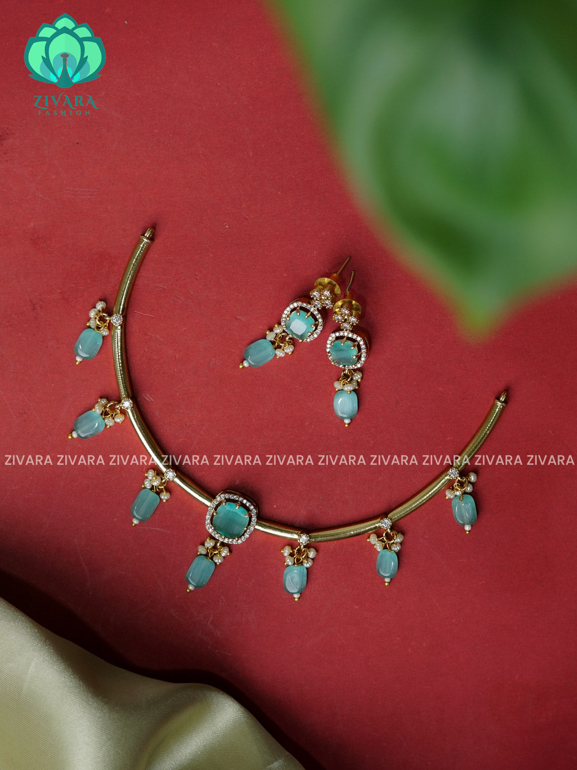 PASTEL GREEN  - Simple beads hanging Traditional south indian premium neckwear with earrings- Zivara Fashion- latest jewellery design