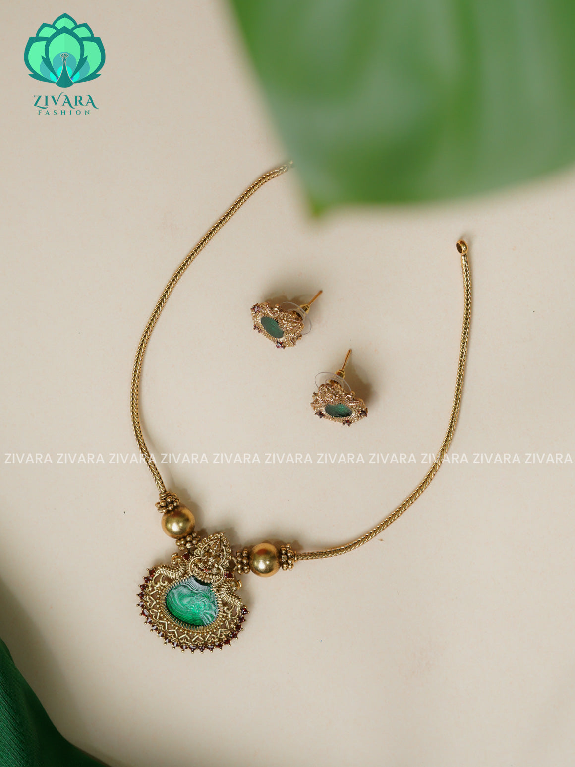 GREEN ENAMEL TEAR TEMPLE PENDANT with Flexible chain - Traditional south indian NORMAL MATTE PALLAKAD neckwear with earrings - Zivara Fashion