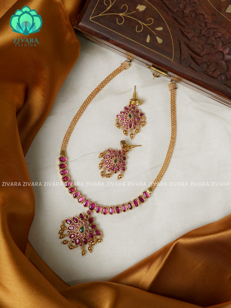 Ruby and green stone pendant-semi attigai - Traditional south indian premium neckwear with earrings- Zivara Fashion- latest jewellery design