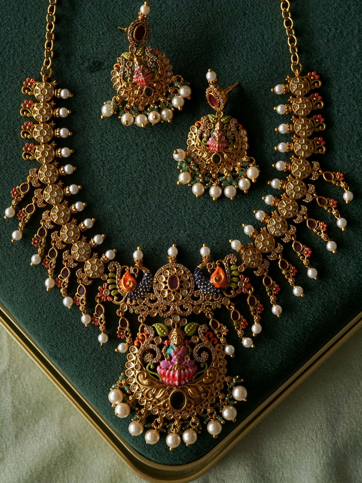 MADHURYA -  LAKSHMI PEACOCK WITH PEARL  handpainted - Traditional south indian premium neckwear without earrings- Zivara Fashion- latest jewellery design