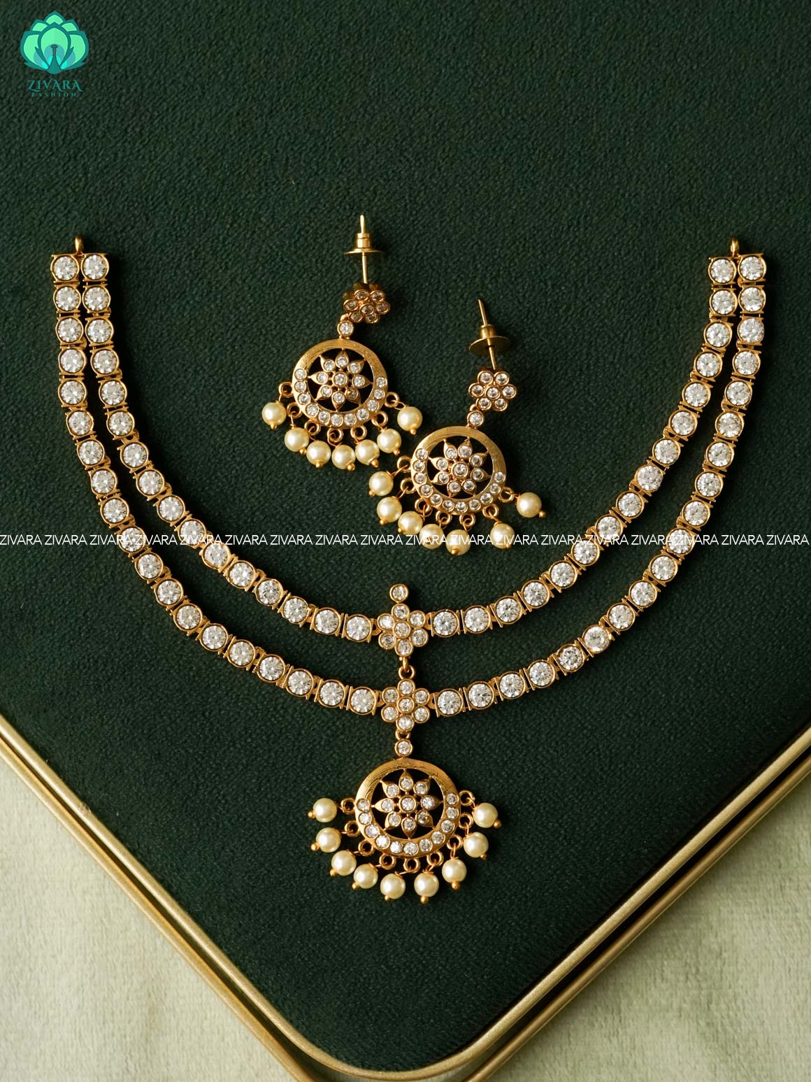 EVERGREEN STEP MATTE FINISH WHITE  stone attigai-Traditional south indian premium neckwear with earrings- Zivara Fashion- latest jewellery design.
