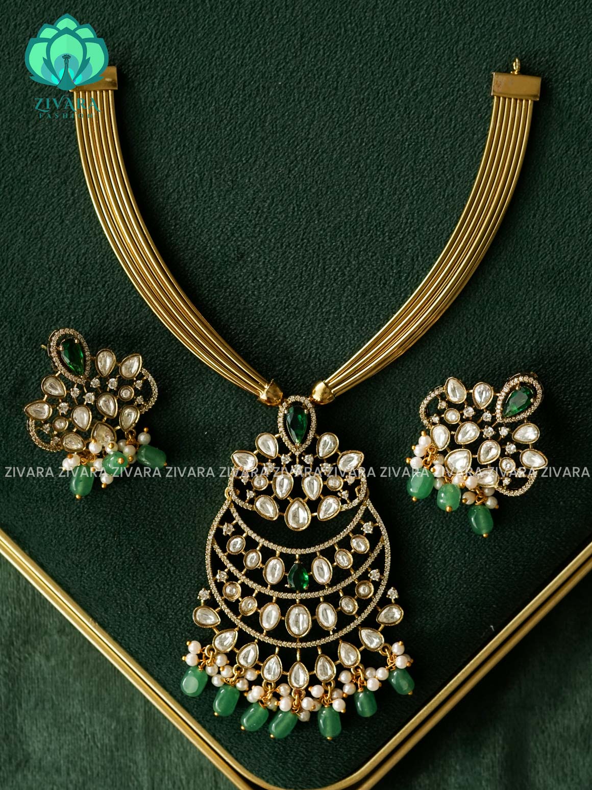 AKSHAYAM -  GREEN  BRIDAL HASLI  - PREMIUM  MATTE FINISH - stylish and minimal elegant neckwear with earrings- Zivara Fashion