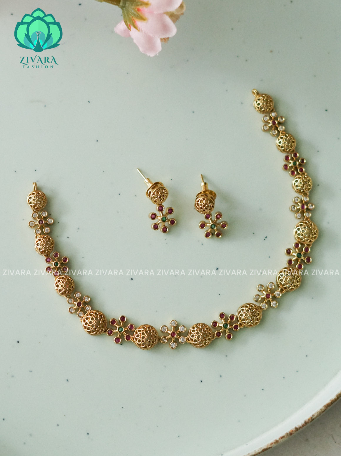 RUBY GREEN AND WHITE MINIMAL SUBTLE MATTE FINISH-Traditional south indian premium neckwear with earrings- Zivara Fashion- latest jewellery design