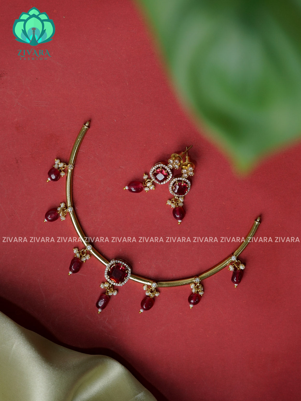 RUBY  - Simple beads hanging Traditional south indian premium neckwear with earrings- Zivara Fashion- latest jewellery design