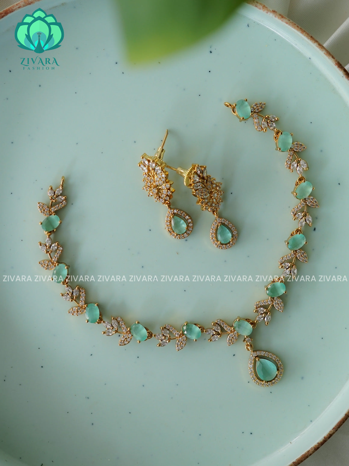 PASTEL GREEN  LEAFY WHITE SMALL SIZE KIDS FRIENDLY  - stylish and minimal elegant neckwear with earrings- Zivara FashioN