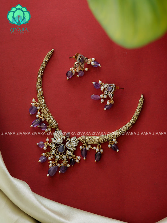 Purple - peacock pendant Hasli necklace - Ultra premium victoria finish dark polish trending neckwear collection- bridal collection- Zivara Fashion