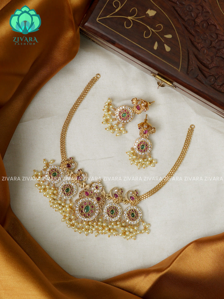 Flexible chain Annapakshi coin - Traditional south indian premium neckwear with earrings- Zivara Fashion- latest jewellery design