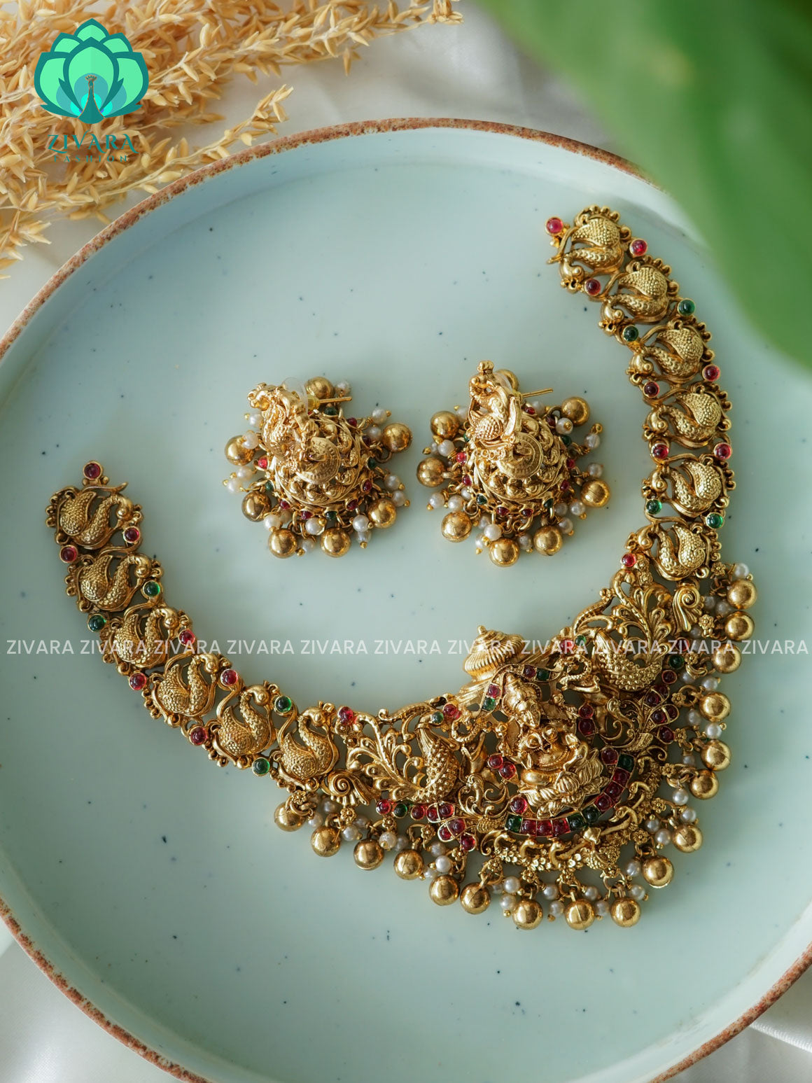 TEMPLE HEAVY BRIDAL    - Traditional south indian NORMAL MATTE neckwear with earrings- Zivara Fashion- latest jewellery design