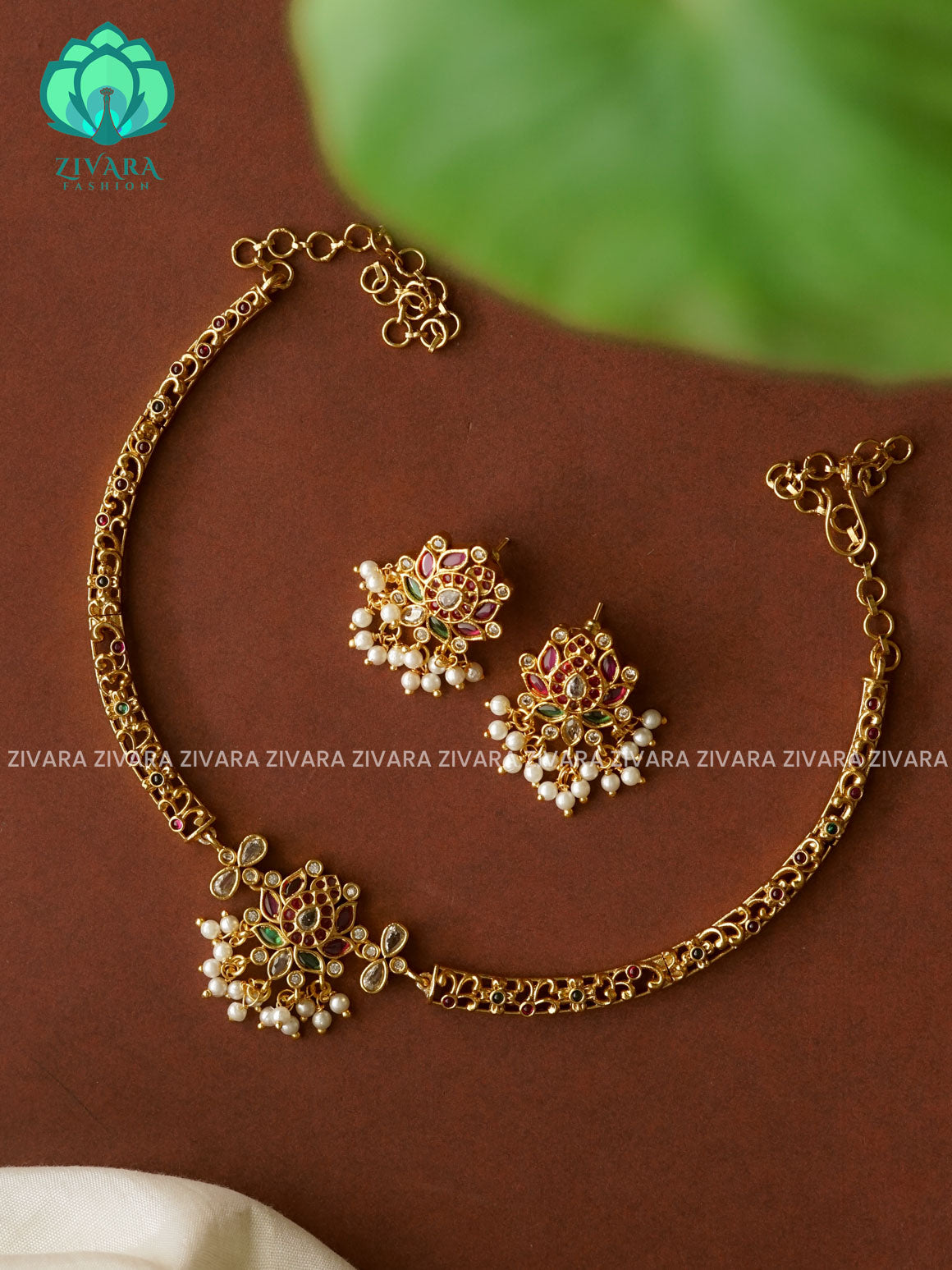 Cute LOTUS flexible chain HASLI close neck WEAR WITH EARRINGS   - Premium quality CZ Matte collection-south indian jewellery