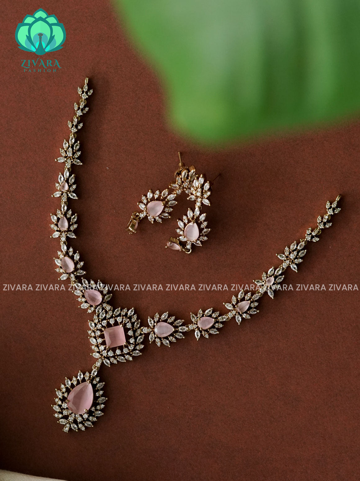 PASTEL PINK - TEAR PENDANT- SUBTLE GOLD POLISH stylish and minimal elegant neckwear with earrings- Zivara Fashion