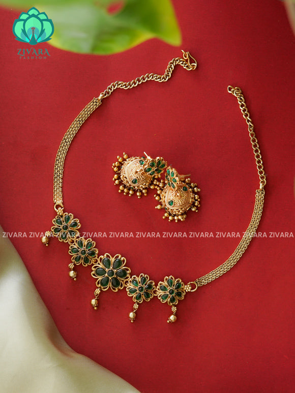 GREEN - Trending  flower choker with earrings-latest south indian jewellery