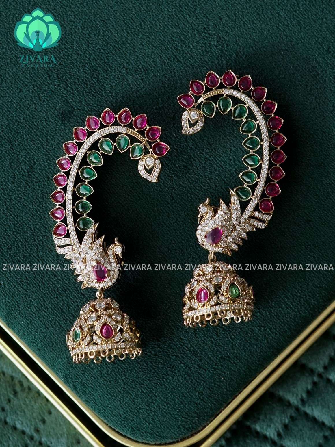 PINK and GREEN REAL KEMP STONE PEACOCK EARCUFF JHUMKA VICTORIAN POLISH- latest jewellery collection- zivara fashion