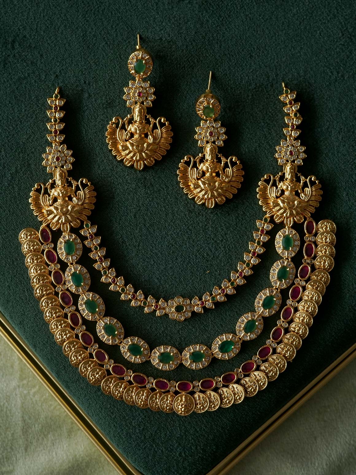 TEMPLE COIN 3 LAYER BRIDAL NECKWARE - Traditional south indian premium neckwear with earrings- Zivara Fashion- latest jewellery design