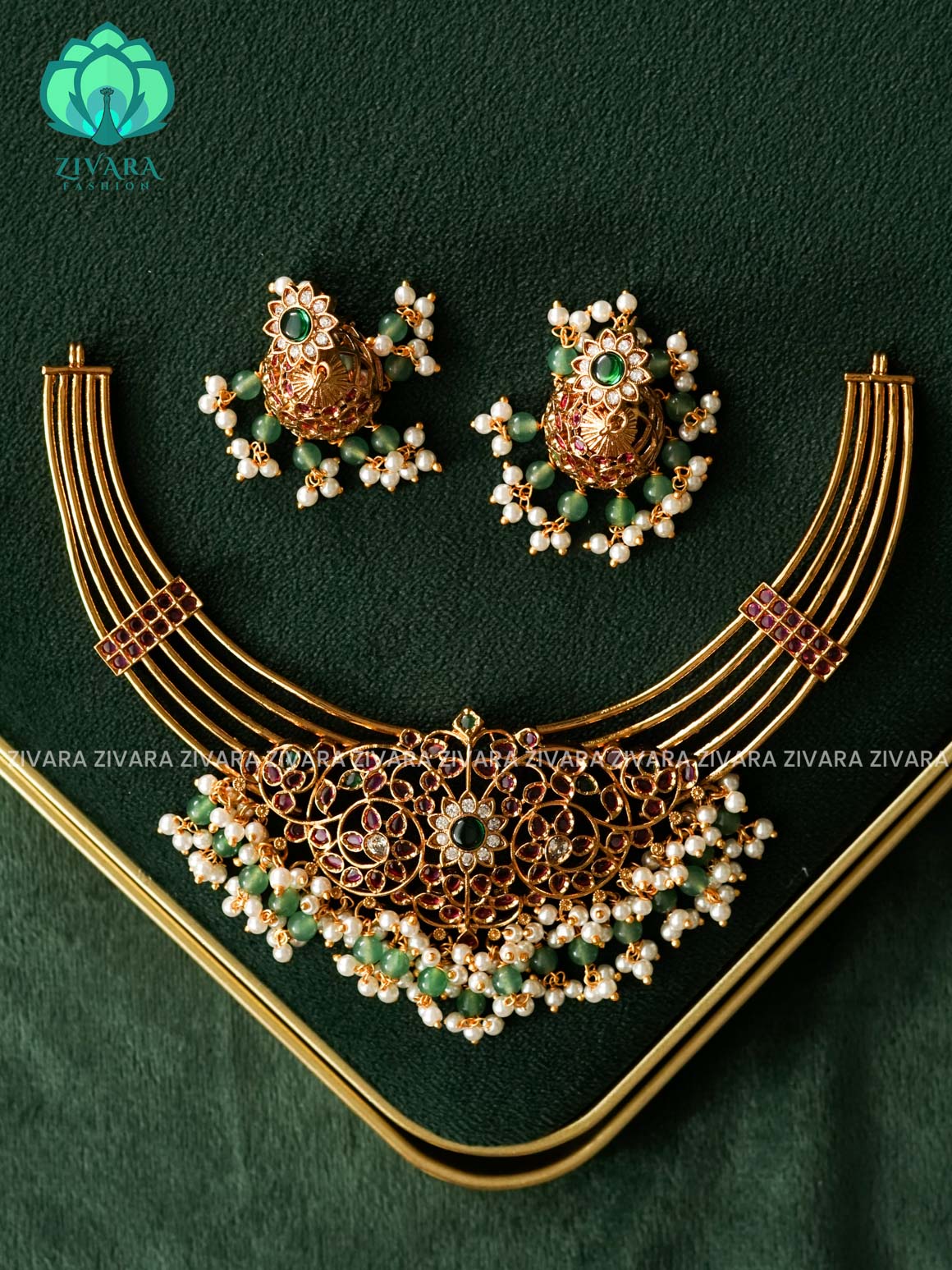 AKSHAYAM - GREEN BEADS HASLI  - PREMIUM  MATTE FINISH - stylish and minimal elegant neckwear with earrings- Zivara Fashion