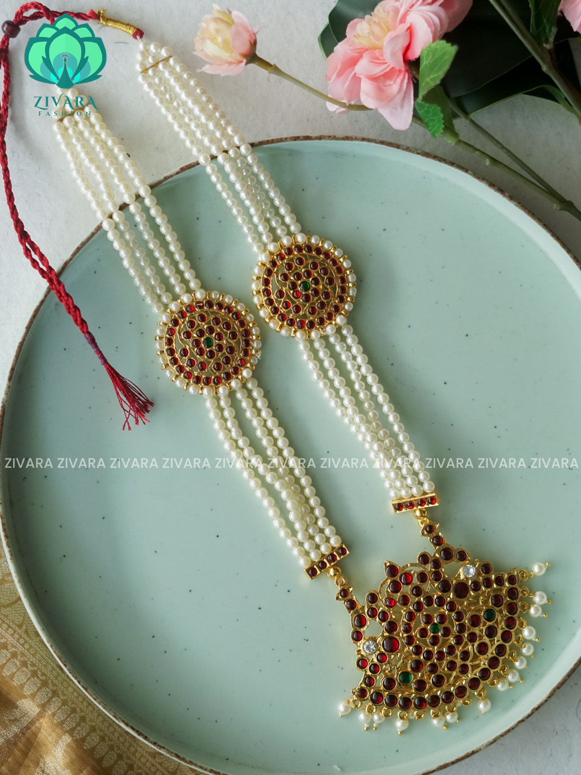 RED AND GREEN- RUKMANI- MOTIF HAARAM HANDMADE LONG NECKWEAR- latest kemp dance jewellery collection