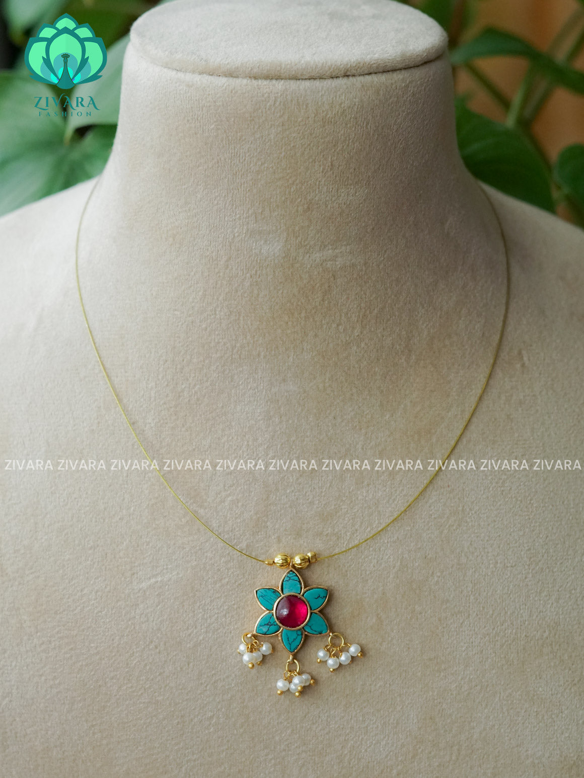 TURQOISE BLUE & RUBY - FLOWER JADAU TAMARA INVISIBLE MINIMAL ELEGANT HANDMADE NECKLACE WITH BRILLIANT FINISH MOTIFS- ZIVARA FASHION