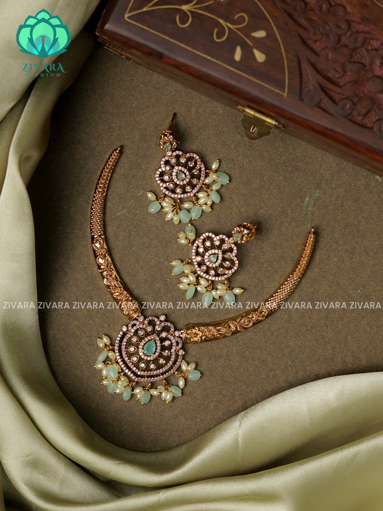 PASTEL GREEN - HASLI -Traditional south indian premium neckwear with earrings- Zivara Fashion- latest jewellery design.