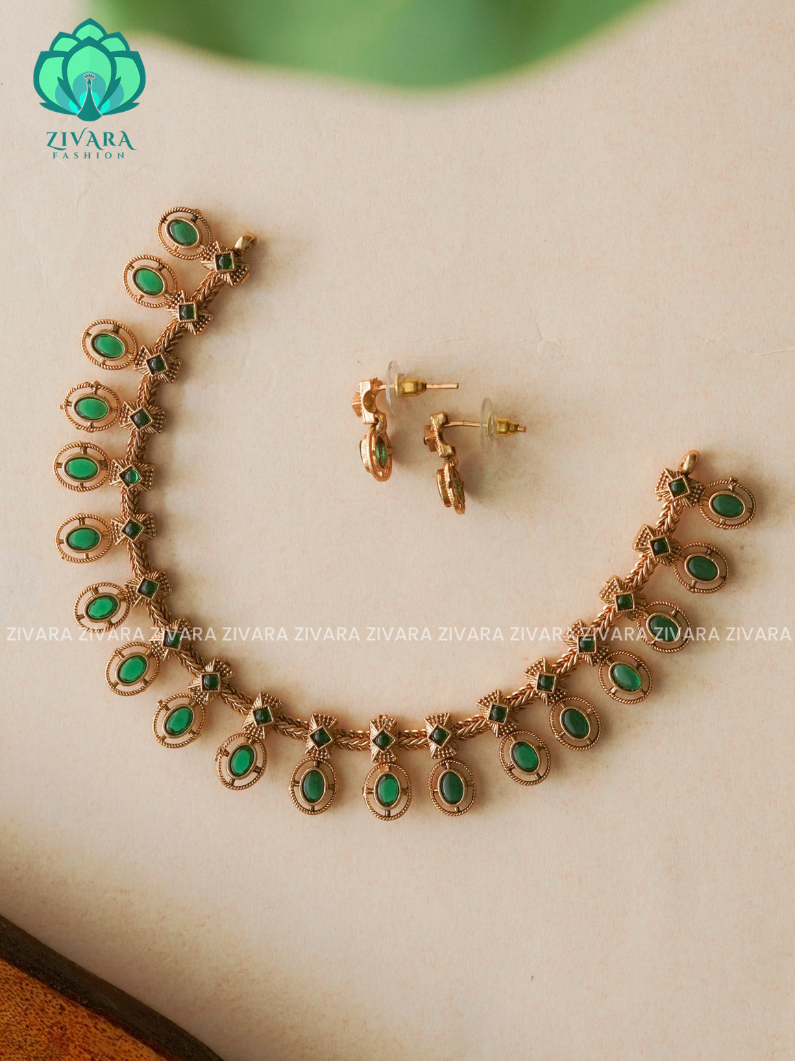 GREEN-OVAL MOTIF NORMAL MATTE neckwear with earrings- Zivara Fashion- latest jewellery design