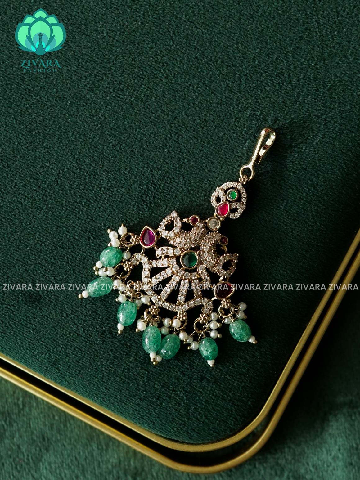 PEACOCK MOTIF AD STONE CHUTTI WITH GREEN BEADS HANGINGS - bridal head accessory- latest bridal collection - Zivara fashion