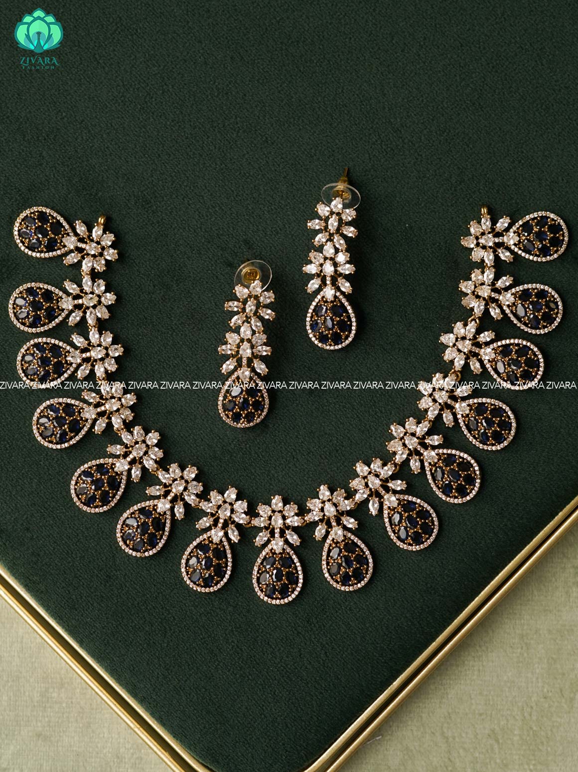 AKSHAYAM - DARK BLUE  TEAR STYLE FLORAL NECKWEAR WITH EARRINGS - Premium quality collection-south indian jewellery