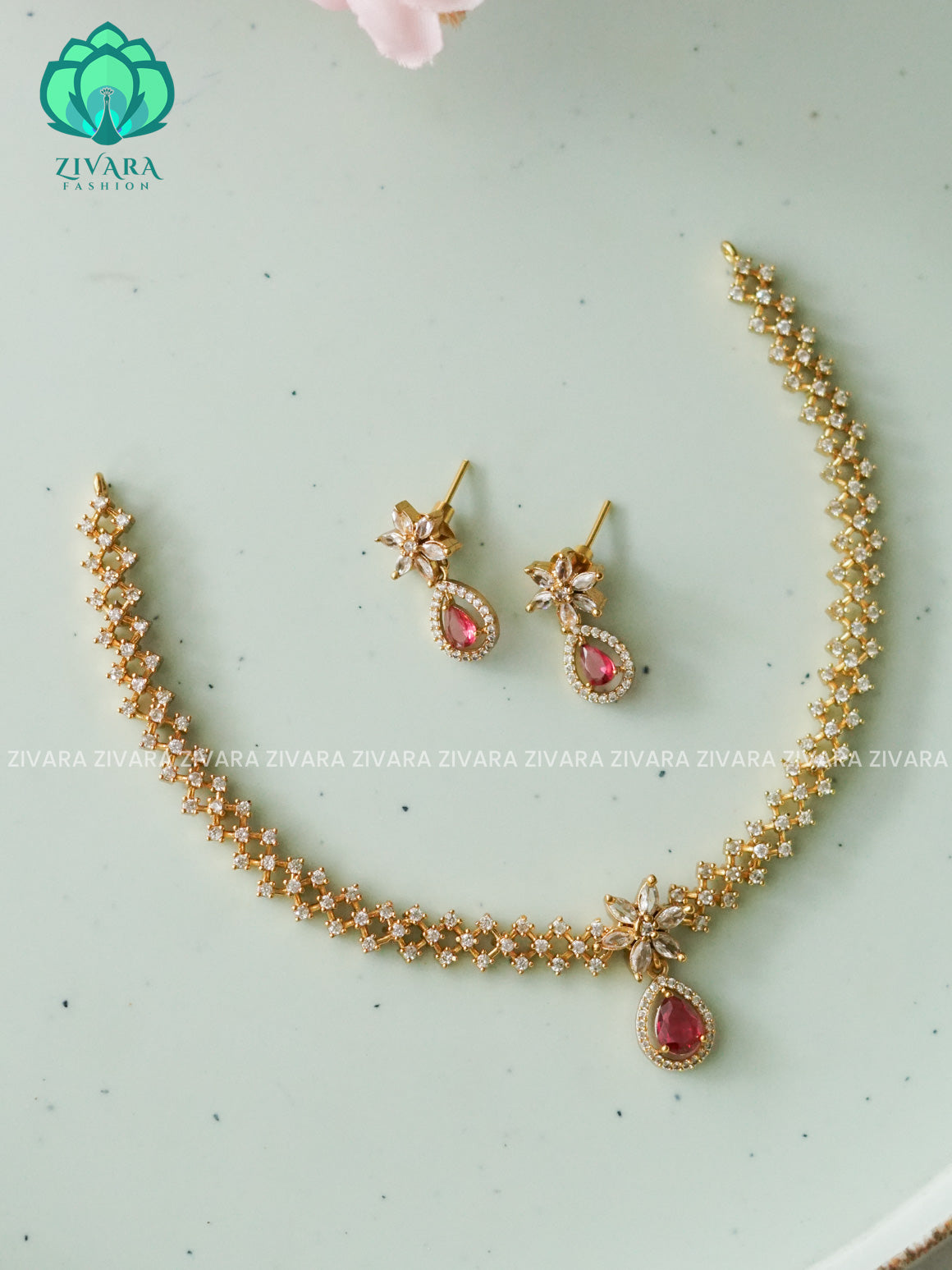 RUBY HOTSELLING TEAR DROP  -PREMIUM SUBTLE GOLD FINISH  stylish and minimal elegant neckwear with earrings- Zivara Fashion